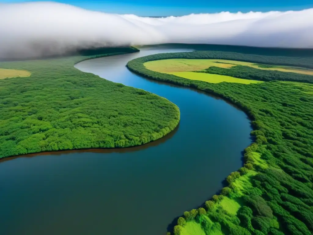 Paisaje sereno de Uruguay con naturaleza exuberante y comunidad indígena en armonía