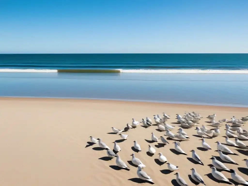 Paisaje sereno de una playa soleada en Uruguay, con olas suaves y gaviotas en vuelo