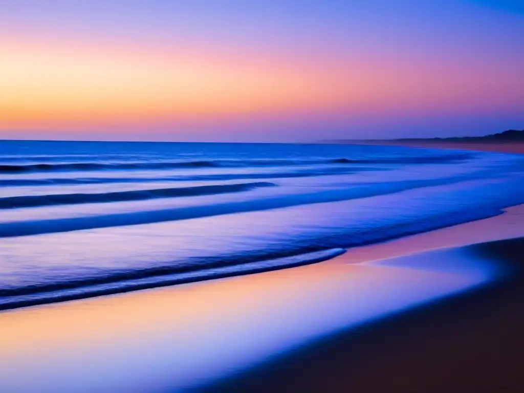 Paisaje sereno en playa uruguaya al amanecer con tonos rosados y anaranjados