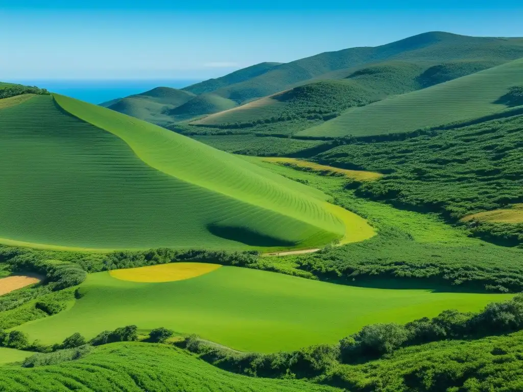 Paisaje sostenible en Uruguay con colinas, bosques y cielo azul