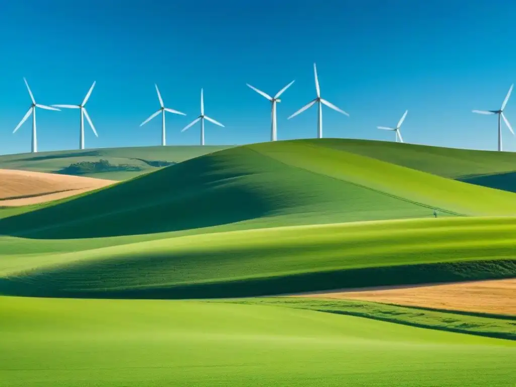 Un paisaje verde de colinas y molinos de viento bajo un cielo azul en Uruguay, simbolizando energías renovables y certificaciones