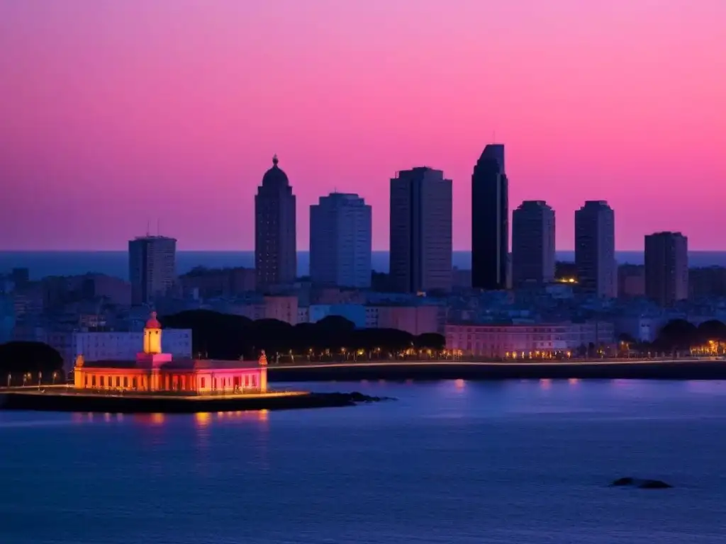 Palacio Salvo destaca en el atardecer de Montevideo, reflejando la fusión de la arquitectura antigua y moderna