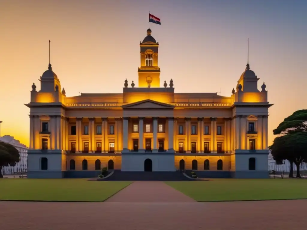 Palacio Legislativo en Montevideo al atardecer, una vista serena que refleja normativas evaluación acreditación elearning Uruguay