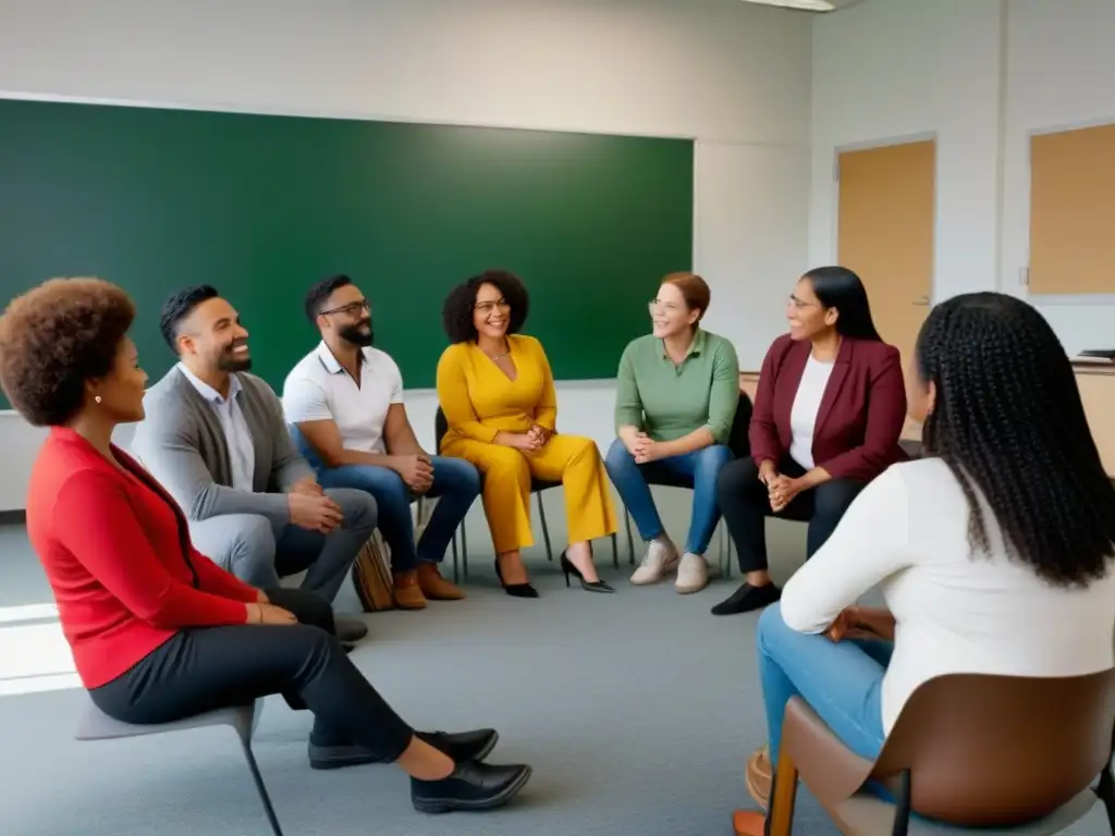 Participación de familias y maestros discutiendo sobre educación multicultural en aula moderna