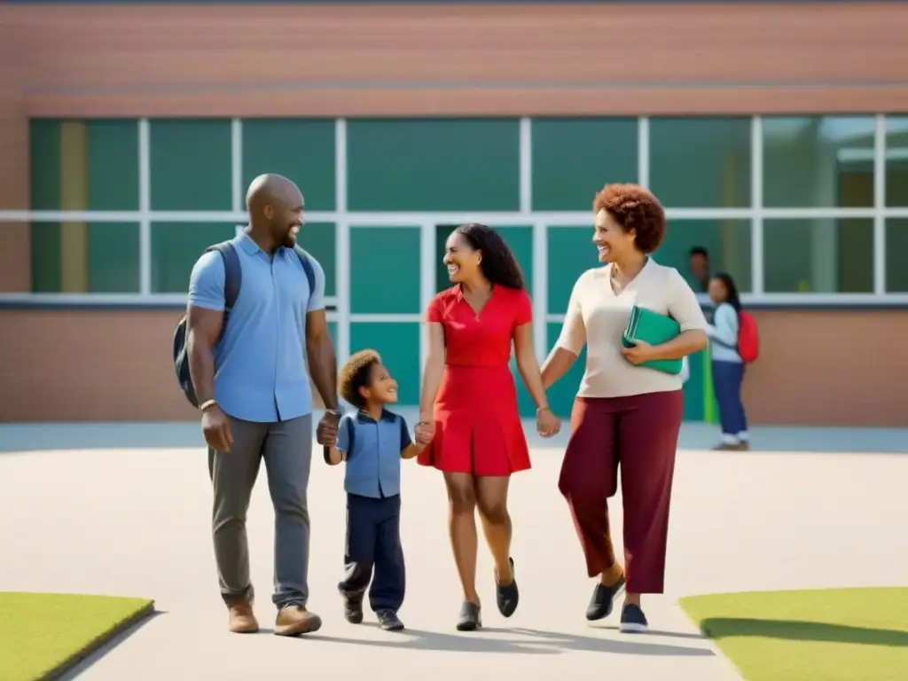 Participación de familias en educación multicultural: Padres y niños de diversas etnias frente a la escuela, unidos y felices