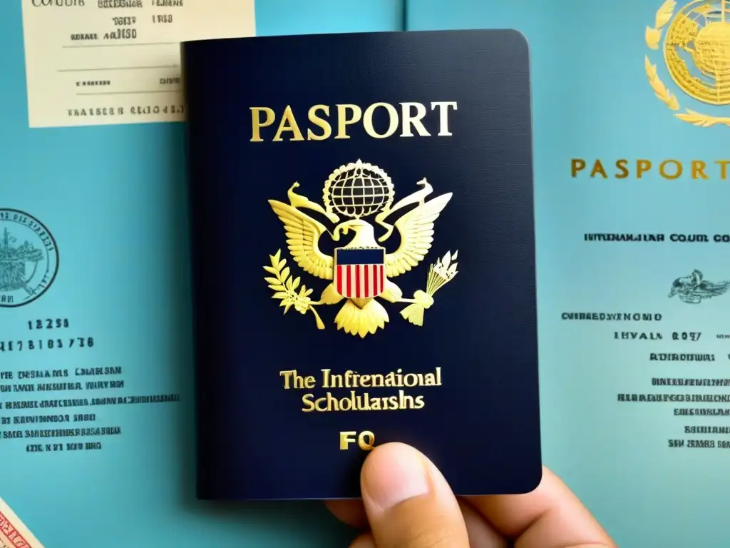 Un pasaporte con sellos de varios países, representando oportunidades de becas para estudiar en el exterior en Uruguay