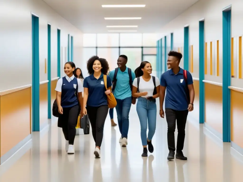 Un pasillo escolar moderno y luminoso con estudiantes diversos caminando juntos en armonía, transmitiendo inclusión y seguridad