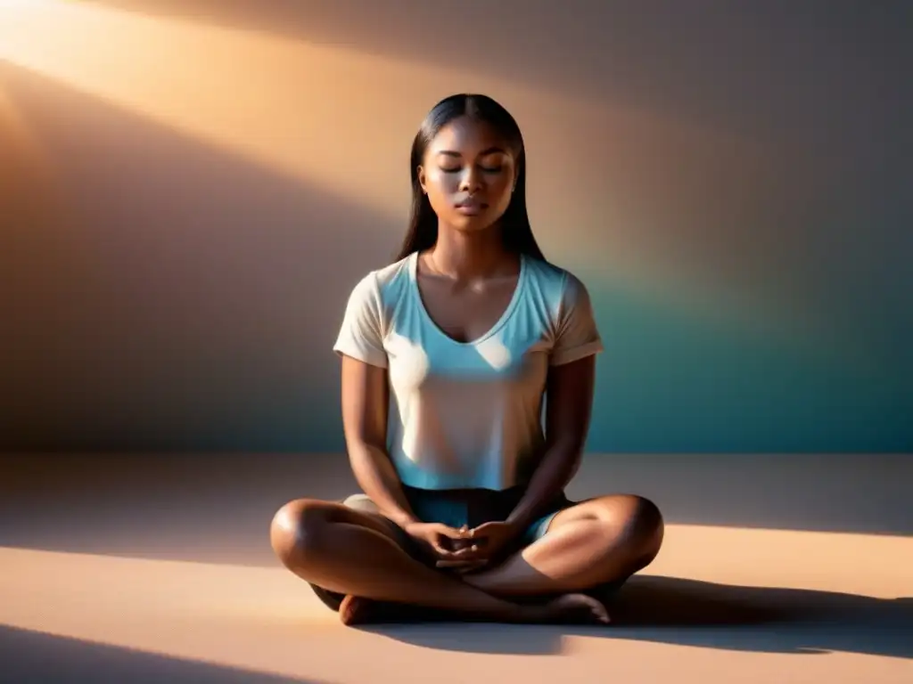 Persona meditando en calma, iluminada por suave aura, en armonía con gradiente de colores pastel