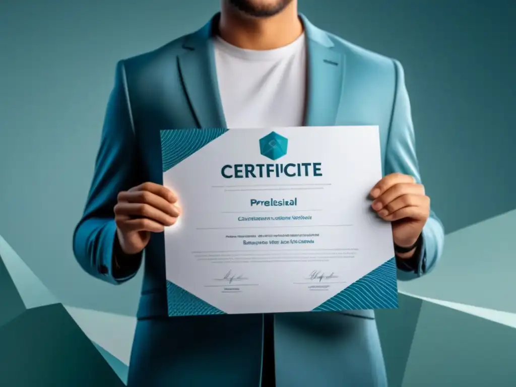 Persona con certificado y formas geométricas, programas certificación profesional Uruguay