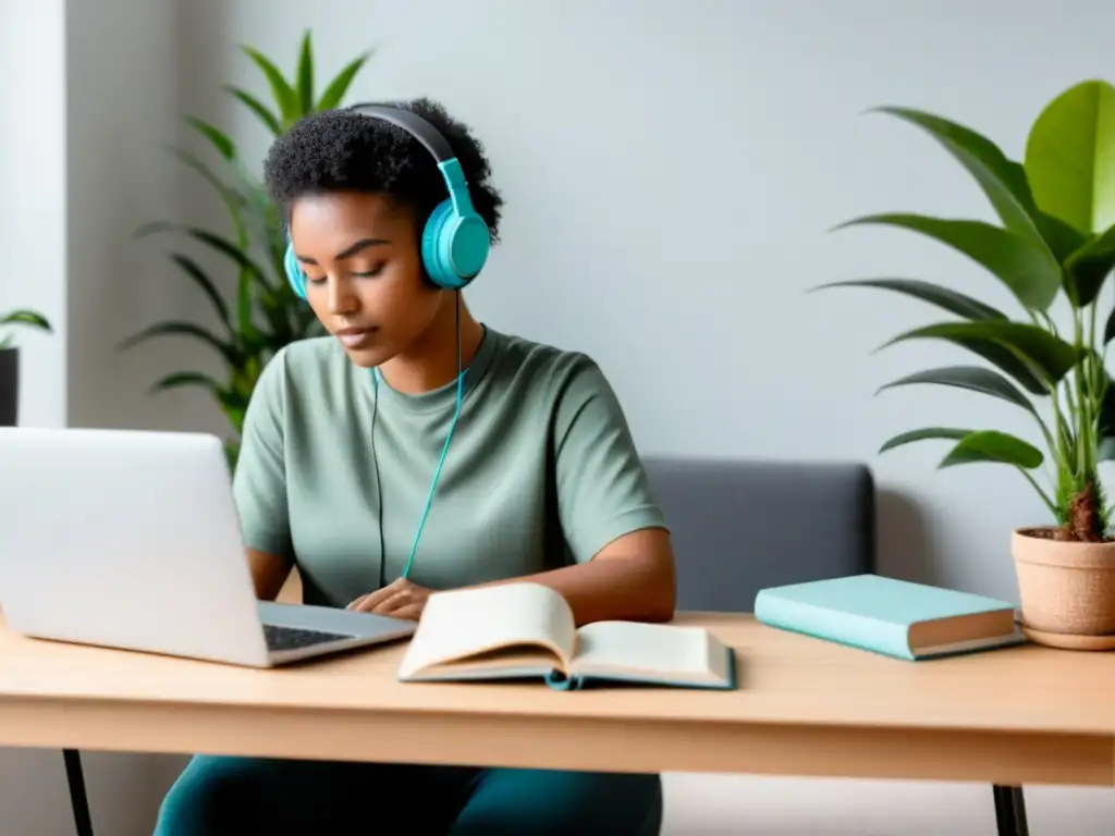 Persona concentrada en un escritorio ordenado, estudiando online con auriculares