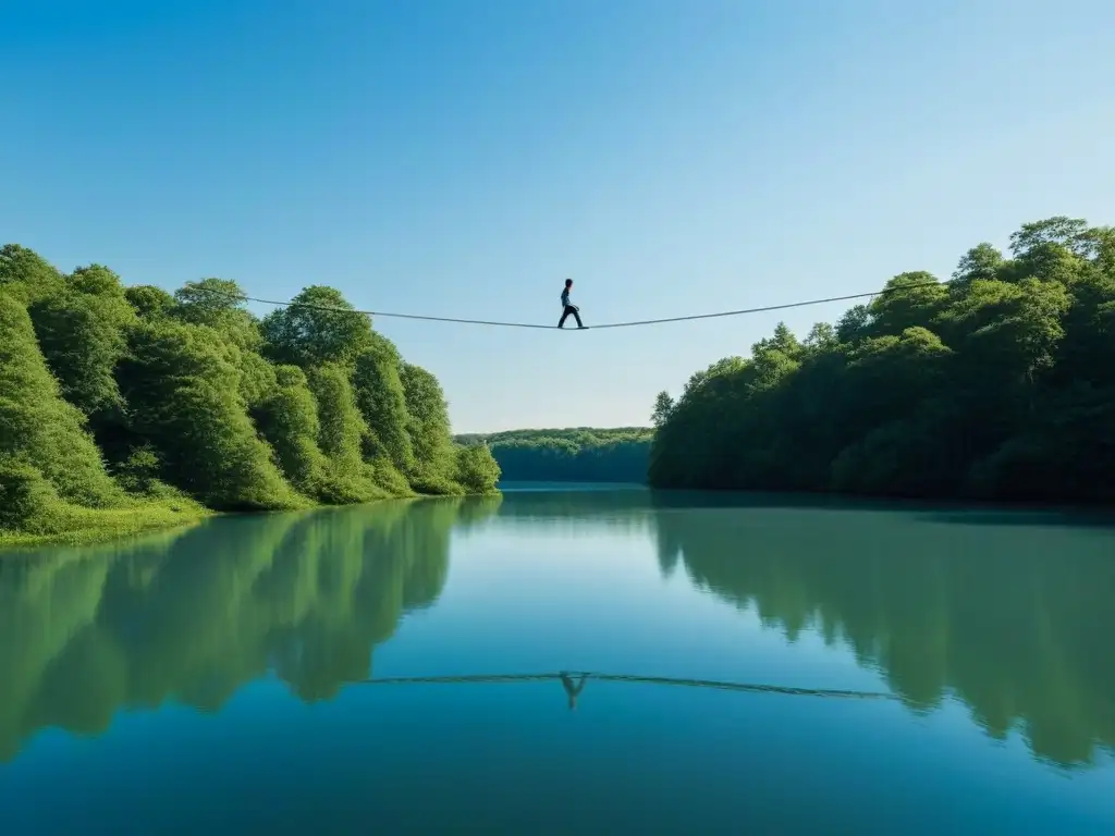 Persona caminando en la cuerda floja sobre un lago, rodeada de árboles verdes, bajo cielo azul, transmitiendo equilibrio en Uruguay