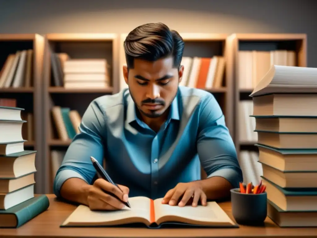 Persona enfocada y apasionada estudiando en un escritorio lleno de libros y papeles