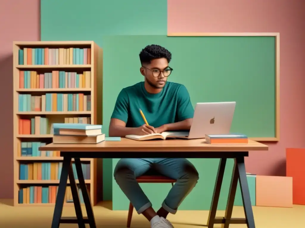 Persona estudiando en un escritorio con libros y laptop, ambiente sereno y concentrado