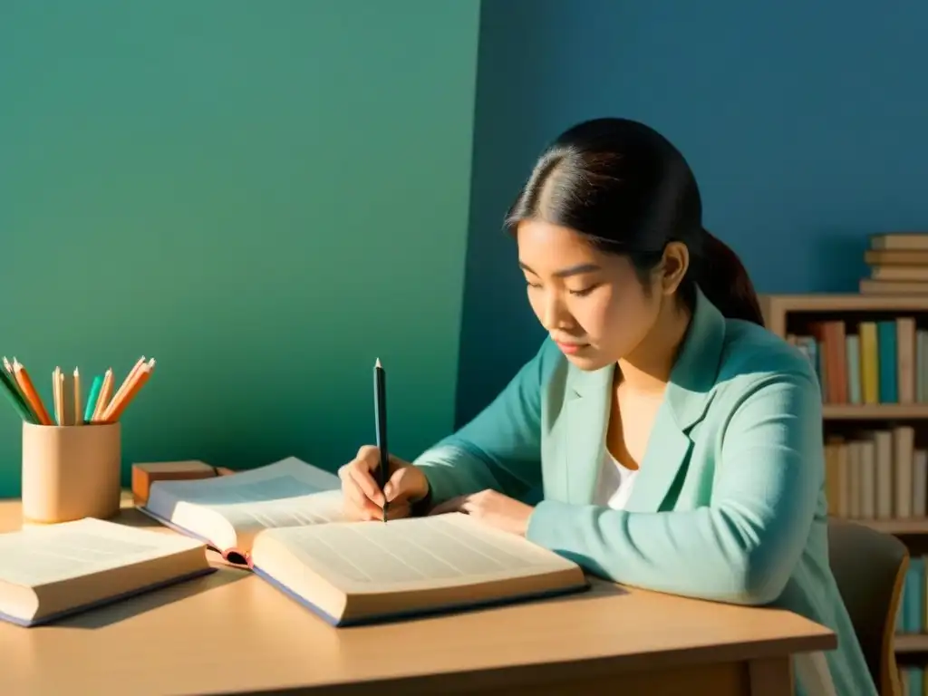 Una persona estudia un segundo idioma en un ambiente sereno y enfocado para mejorar habilidades lectoescritura segundo idioma