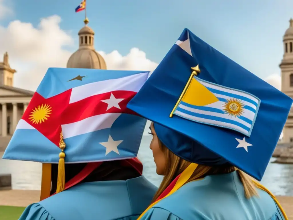 Perspectivas MBA Uruguay egresados empleadores: dos birretes de graduación, uno con bandera uruguaya y otro con banderas internacionales, simbolizando la elección entre estudiar en Uruguay o en el extranjero