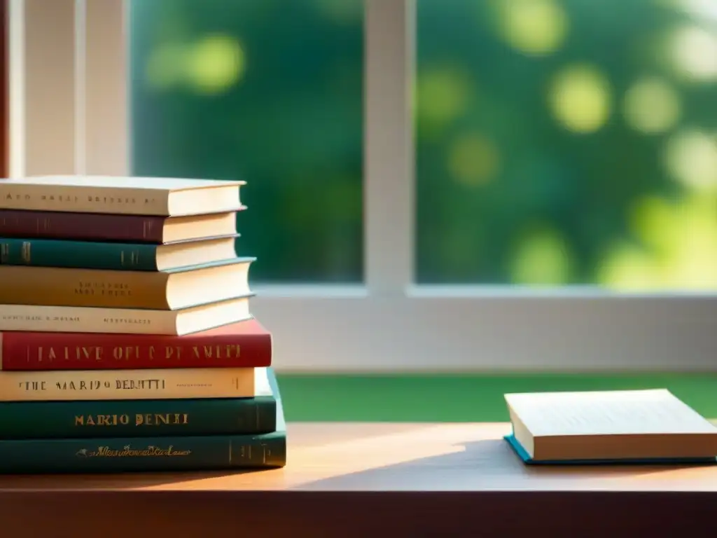 Una pila de libros de Mario Benedetti en un escritorio de madera, iluminados por la tarde, evoca tranquilidad y curiosidad literaria