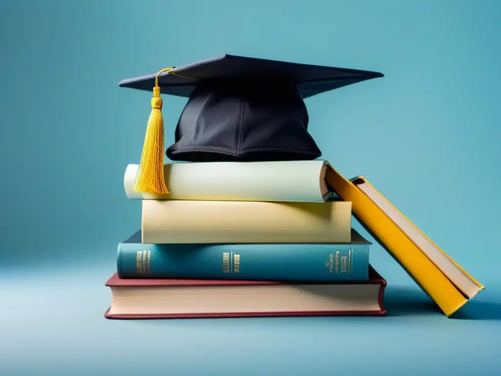 Una pila de libros con birrete de graduación sobre fondo degradado azul y amarillo