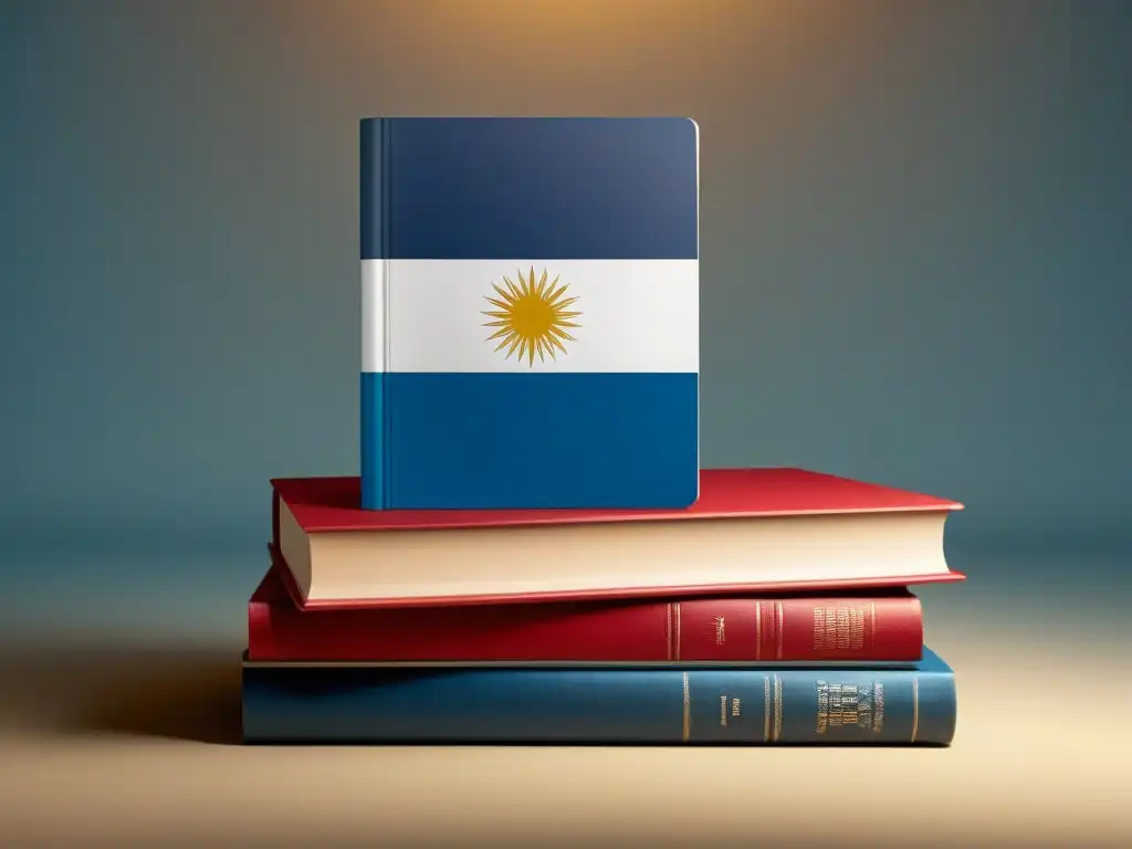 Una pila de libros de texto con la bandera uruguaya en sus portadas