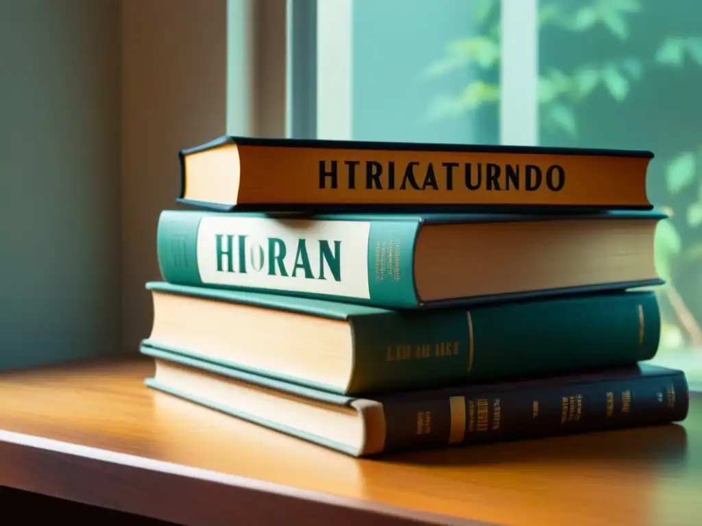 Una pila de libros vintage en una elegante mesa, con títulos como 'Historia Educativa en Uruguay' y 'Análisis Profundo'