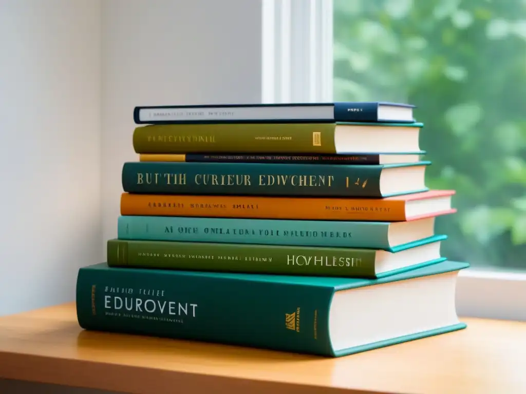 Una pila de los mejores libros de desarrollo profesional docente en un escritorio de madera iluminado suavemente por la luz natural