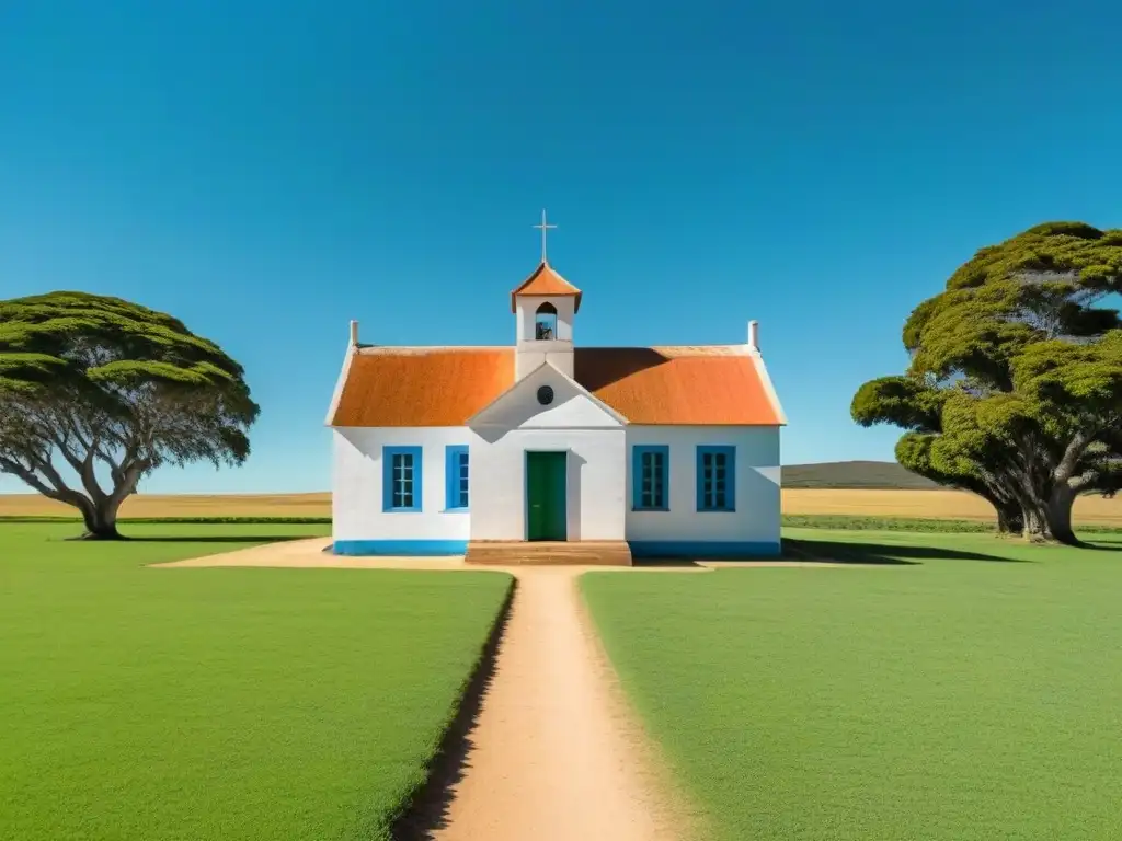 Pintoresca escuela rural en Uruguay, rodeada de campos verdes bajo cielo azul