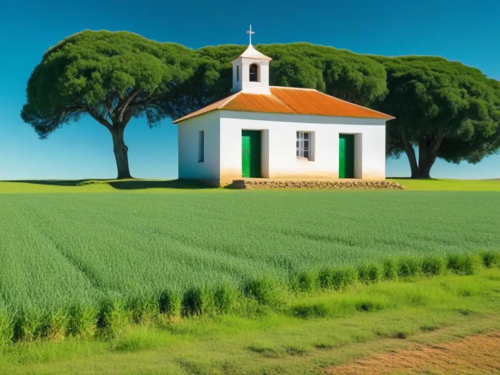 Un pintoresco paisaje rural en Uruguay, destacando una escuela rodeada de campos verdes bajo un cielo azul