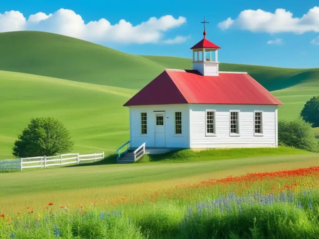 Pintoresco paisaje rural con una escuela tradicional en medio de campos verdes y colinas