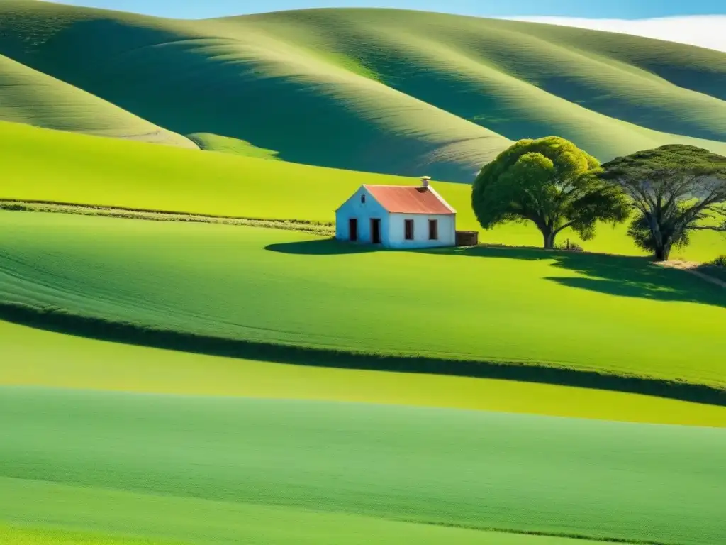 Pintura rural en Uruguay con escuela rústica entre colinas verdes, cielo azul