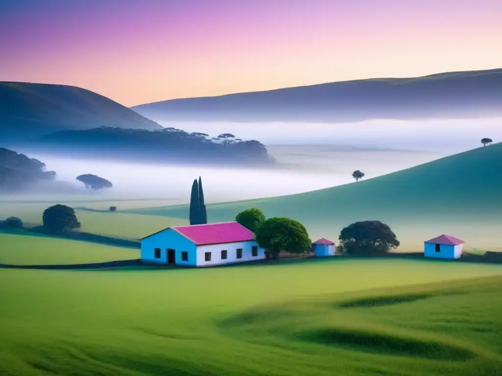 Pintura serena de paisaje rural uruguayo al amanecer, con escuela en colinas verdes y río