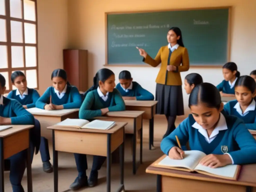 Pintura serena de educación bilingüe en zonas rurales de Uruguay, destacando diversidad cultural y aprendizaje armonioso