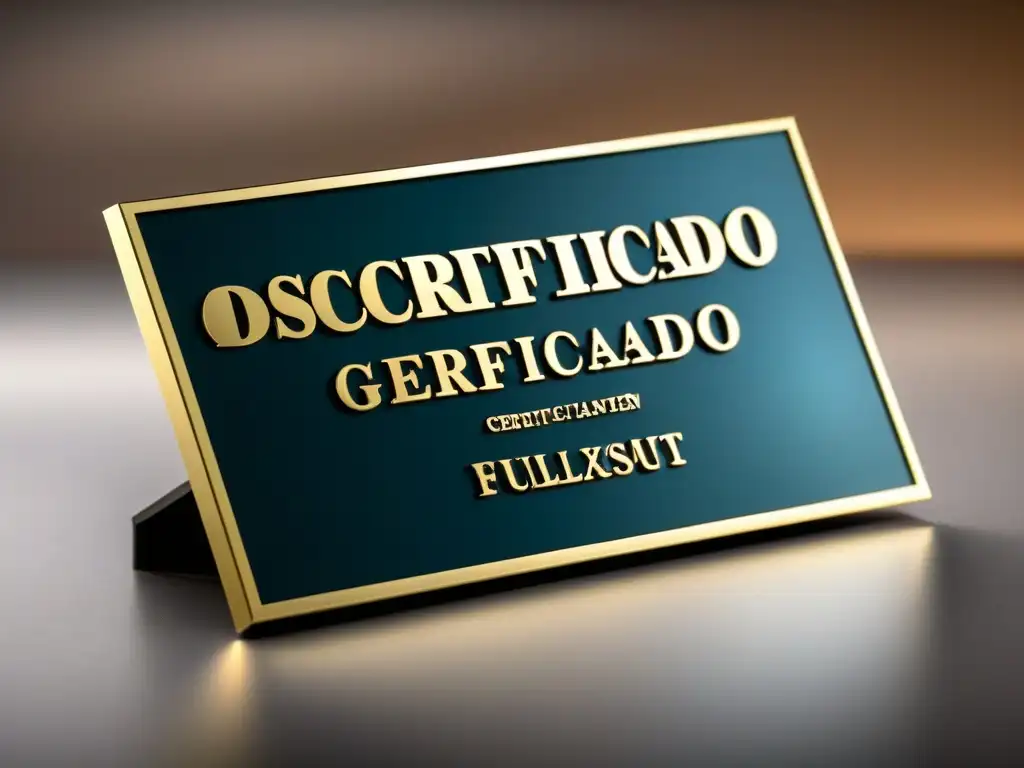 Placa plateada de certificación con 'Diseño Gráfico Certificado en Uruguay' grabado, fondo difuminado