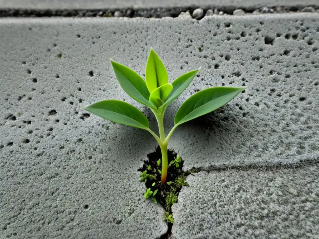 Planta verde brotando de grieta en concreto, simbolizando resiliencia y crecimiento