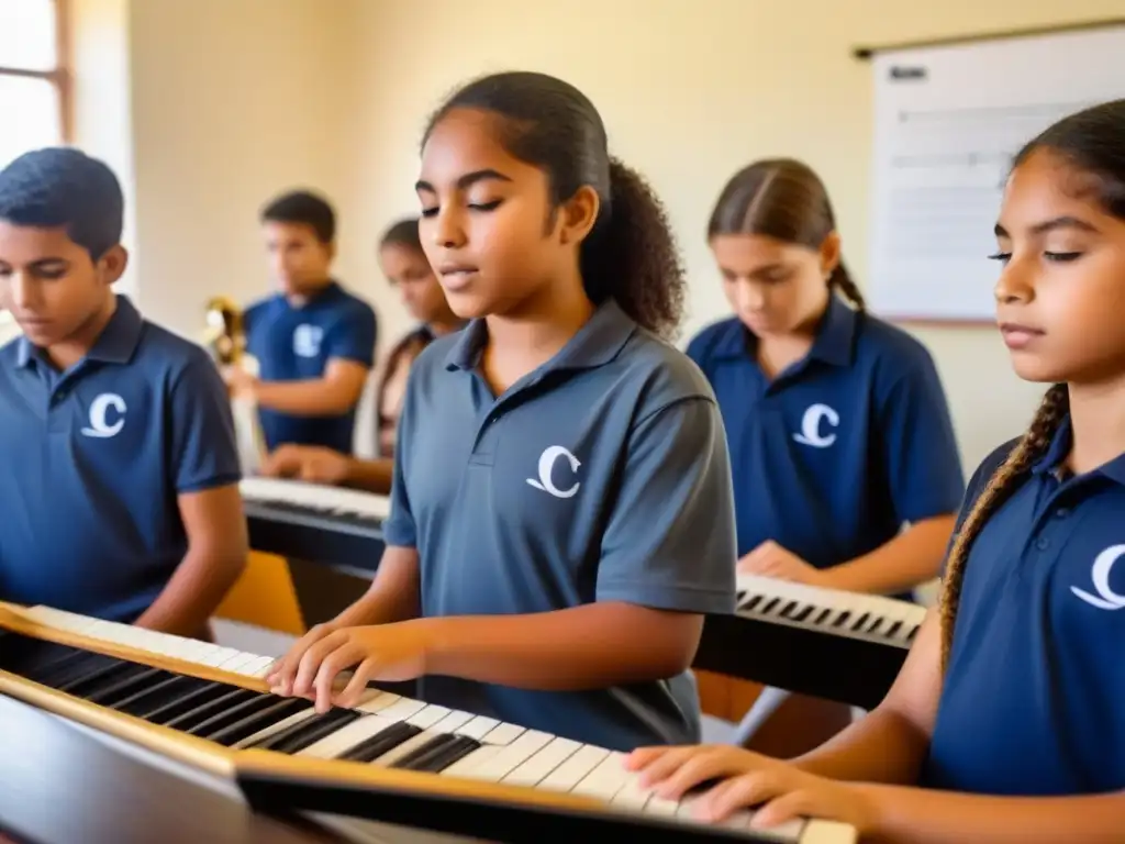 Una poderosa implementación de música en escuelas de Uruguay: jóvenes estudiantes entregados a sus instrumentos, mostrando pasión y concentración