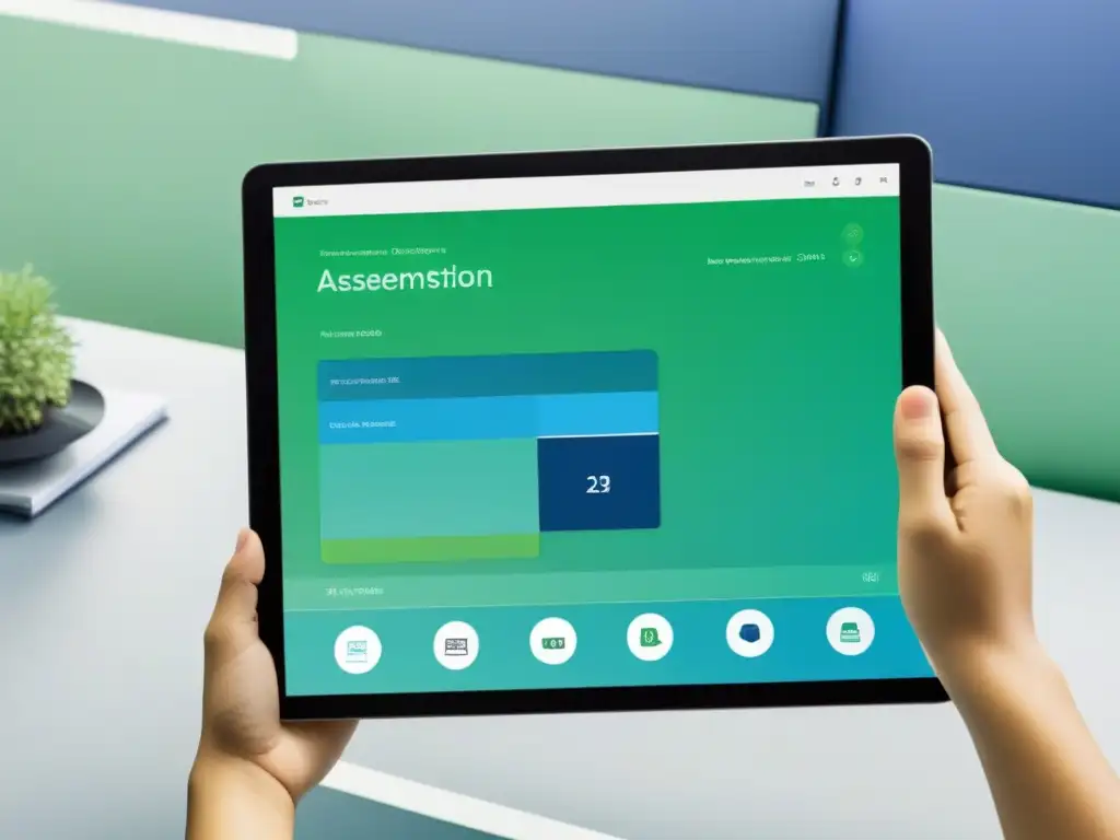 Portafolios digitales educación Uruguay: diseño futurista en tablet con evaluaciones educativas y visualizaciones de datos