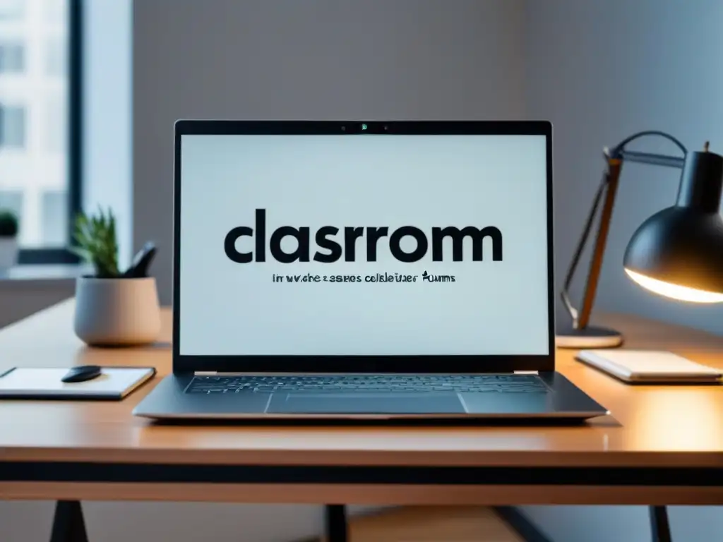 Portátil moderno en un aula virtual con herramientas interactivas, en un ambiente minimalista y productivo