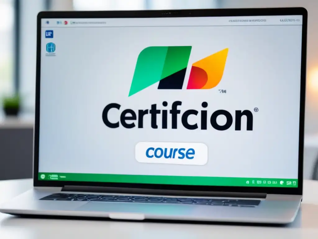 Un portátil moderno muestra logos de cursos online certificados en una atmósfera de innovación educativa y tecnológica