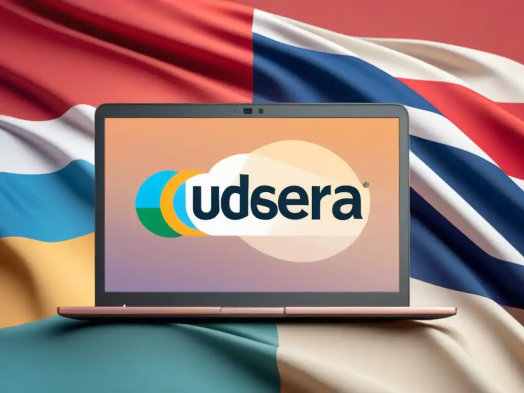 Un portátil moderno muestra logos de plataformas de cursos online sobre la bandera uruguaya en tonos pastel