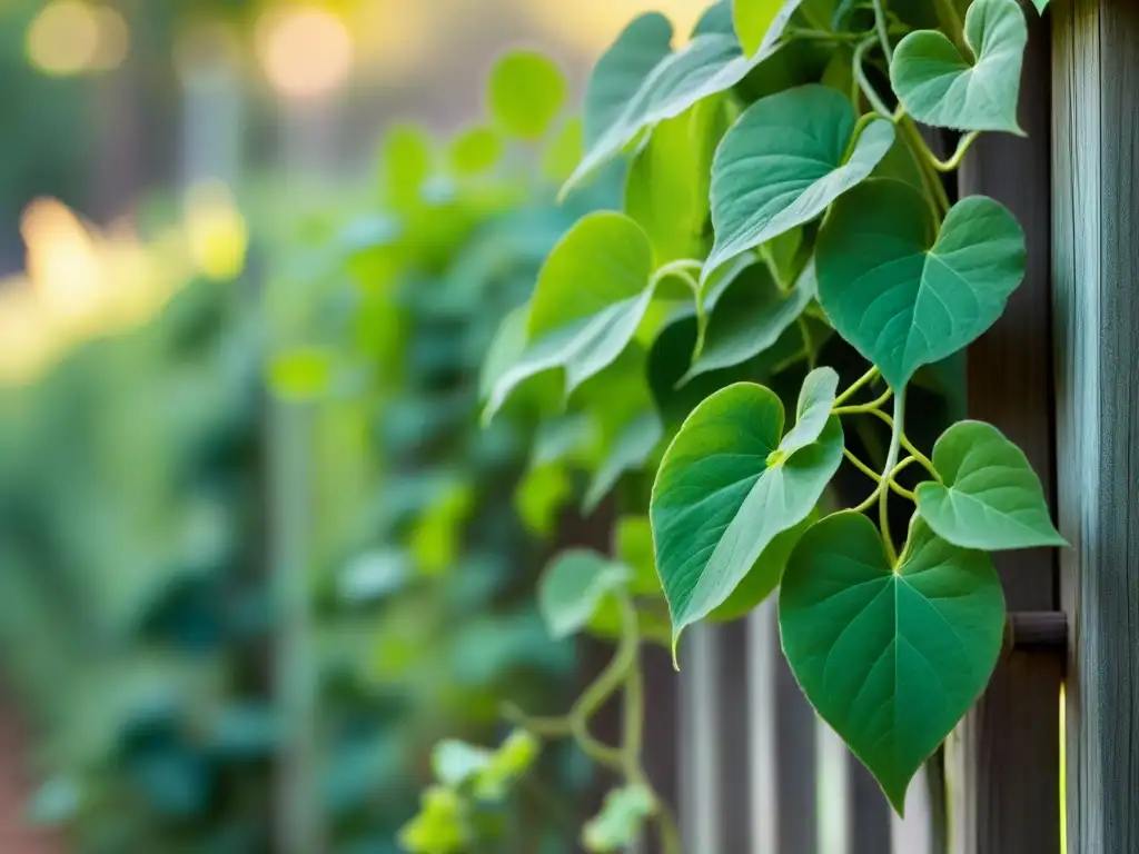 Proceso paso a paso beca Uruguay: Planta verde vibrante en enrejado rústico, con hojas de esmeralda entrelazadas con precisión