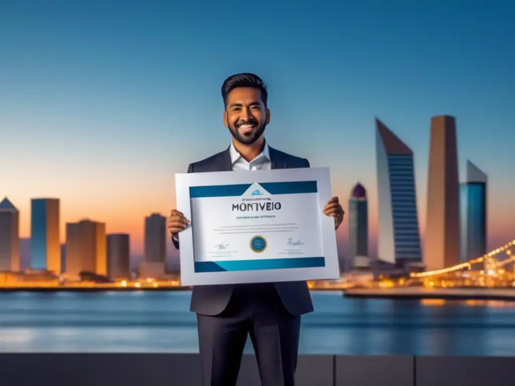 Innovador profesional creativo con certificado y skyline de Montevideo Un profesional creativo en Montevideo sostiene un certificado entre formas abstractas, simbolizando innovación