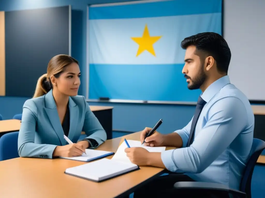 Dos profesionales en una actividad de evaluación de competencias educativas en Uruguay