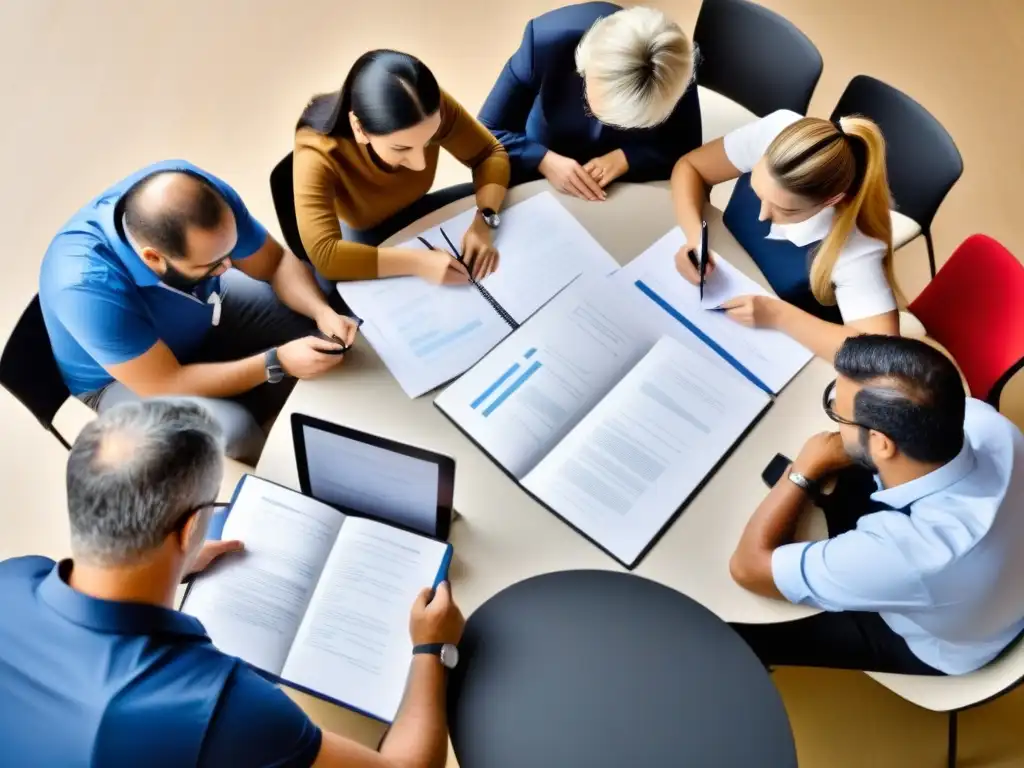 Profesionales uruguayos en formación: educación continua y colaborativa Profesionales en Uruguay participando activamente en una capacitación en educación, rodeados de tecnología moderna y materiales educativos