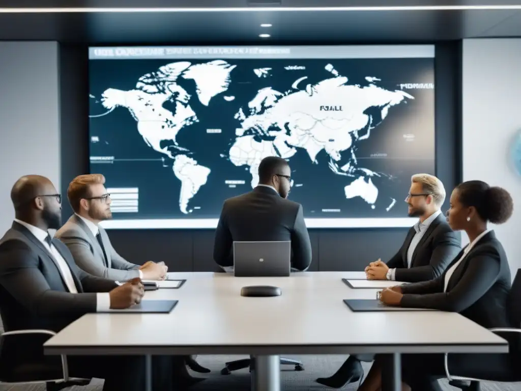 Profesionales diversidad reunidos en mesa de conferencias, mapamundi en pantalla