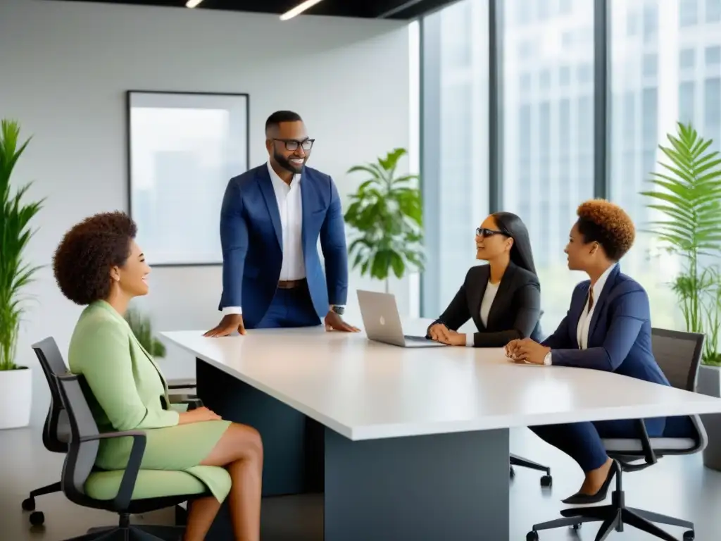 Profesionales diversificados en oficina moderna, discutiendo estrategias