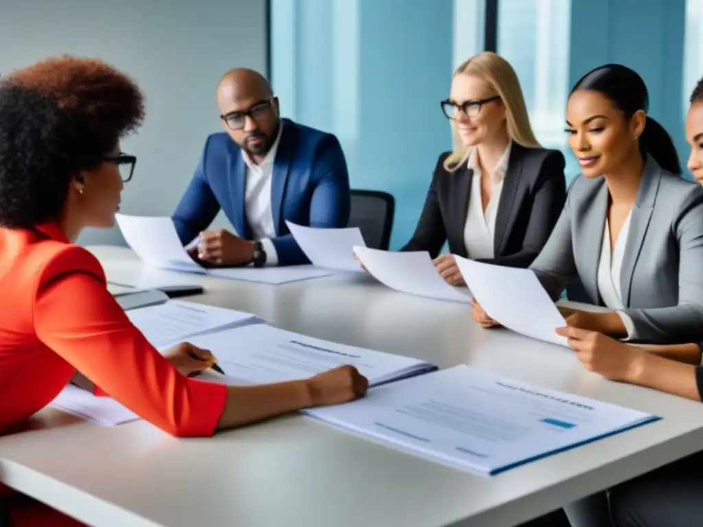 Profesionales diversificados en oficina moderna, colaborando en formación sobre liderazgo