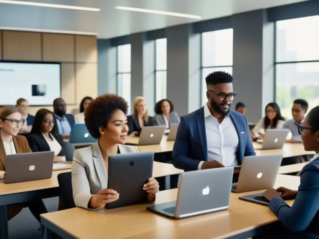 Profesionales diversos en aula moderna con tablets y laptops