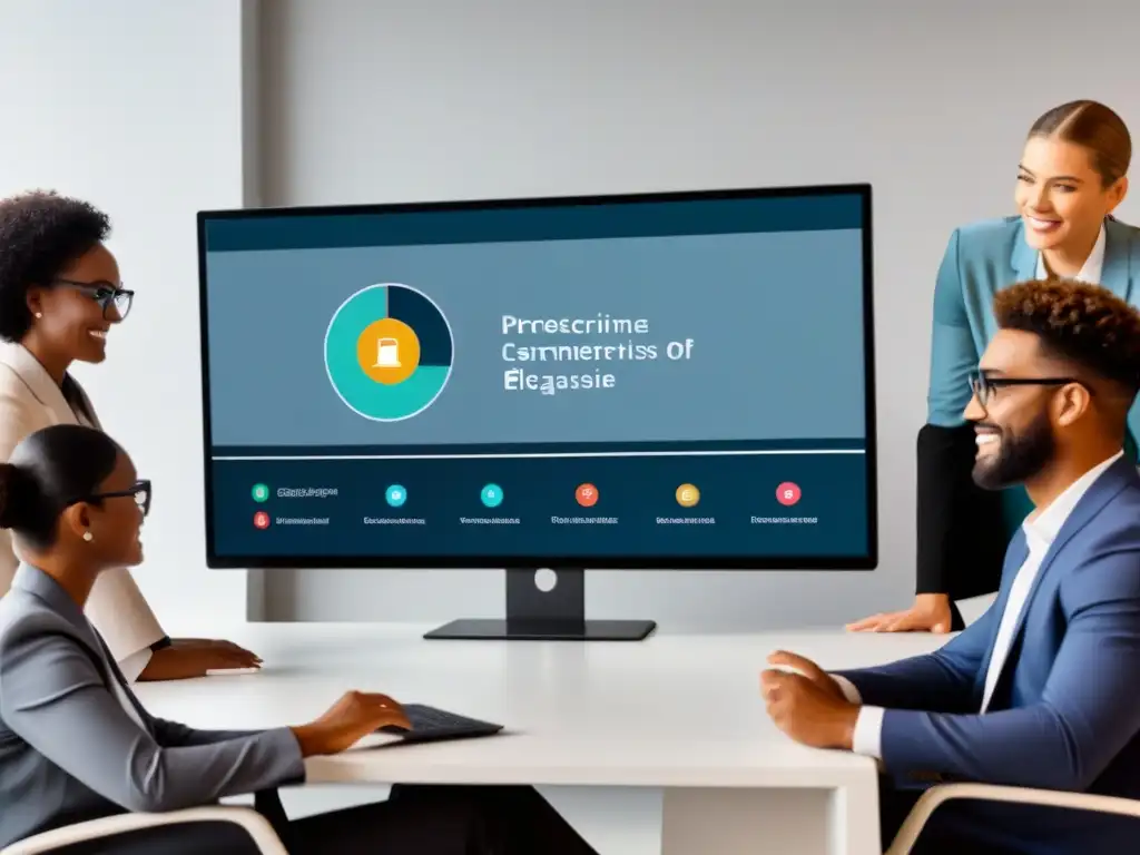 Profesionales diversos en sesión elearning, colaborando frente a pantalla digital