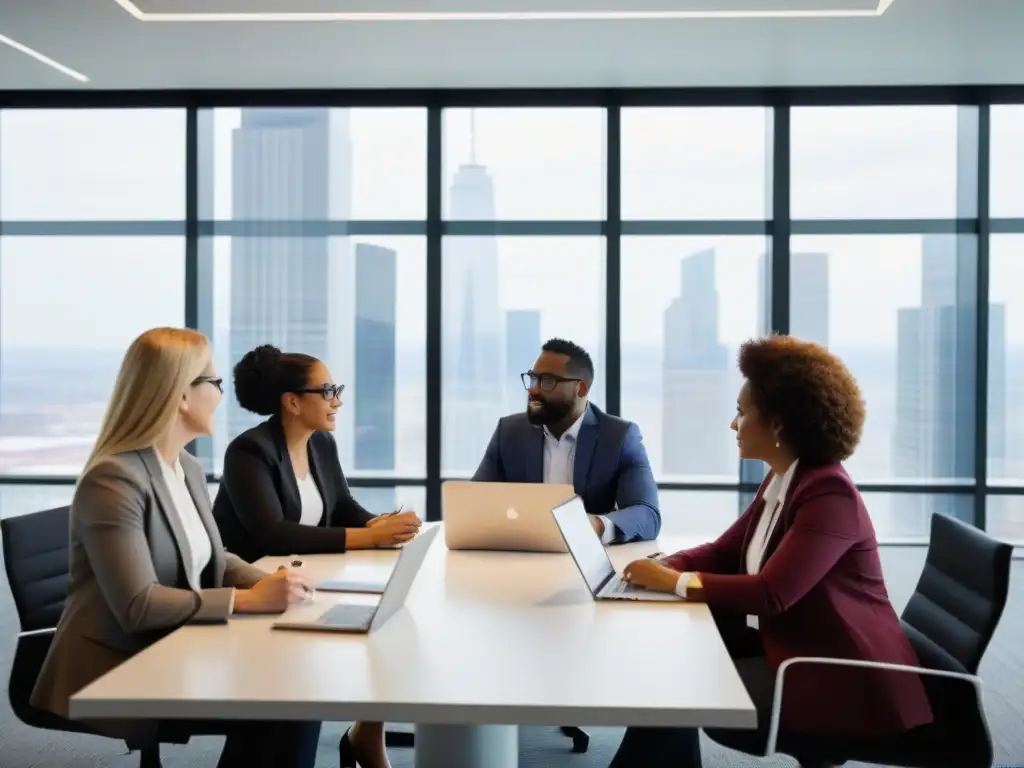 Profesionales diversos colaborando en un espacio moderno, transmitiendo teamwork e innovación