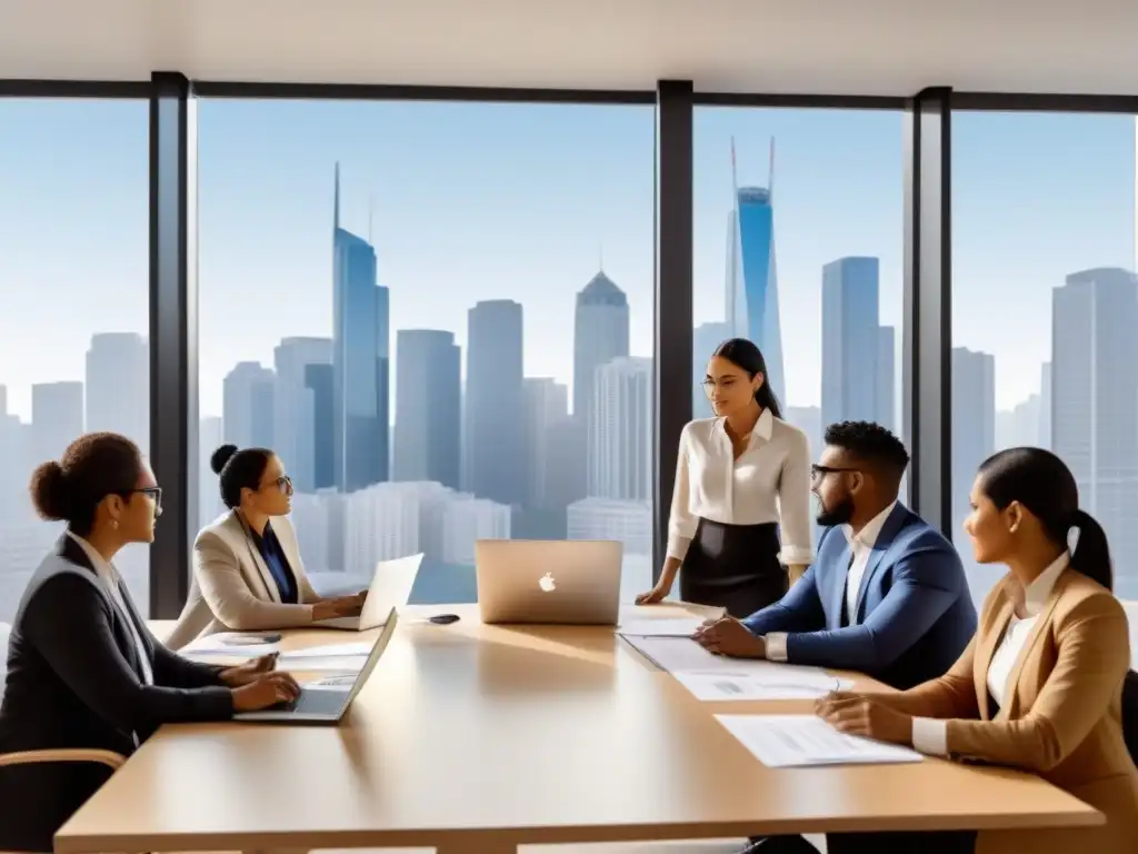 Profesionales diversos en reunión de brainstorming en Uruguay, con skyline de fondo