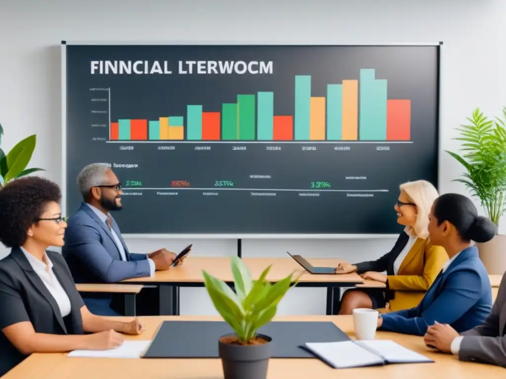 Workshop de educación financiera: diversidad y colaboración Profesionales diversos en taller de educación financiera en Uruguay, colaborando y compartiendo conocimientos en moderno salón de clases