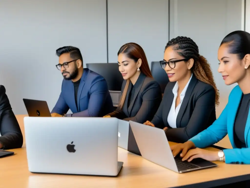 Profesionales diversos participan en sesión de eLearning para empresas en Uruguay en oficina moderna